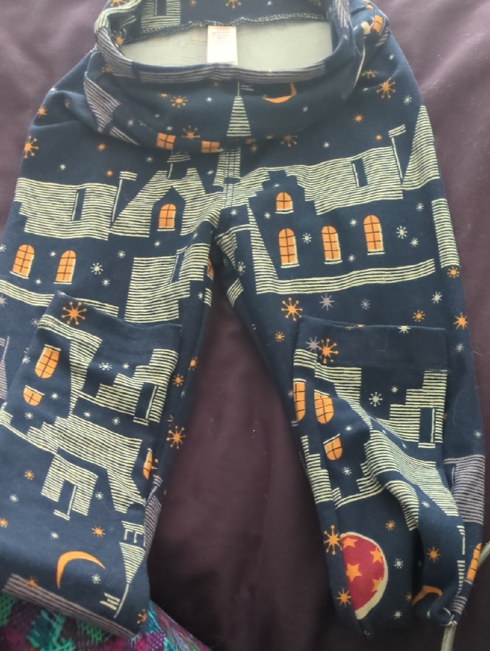 LuLaRoe Navy Pajama Pants with Orange Window & Star Motif